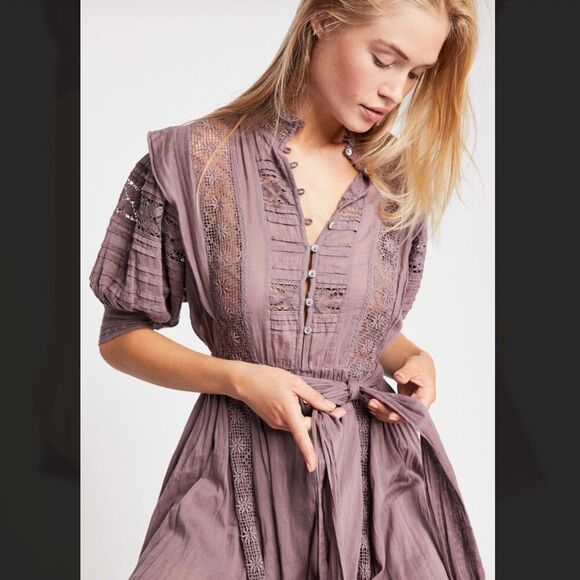 NWT Free People Sydney Dress XS Mini Plum Purple Boho Lace Embroidered Crochet - Picture 14 of 15